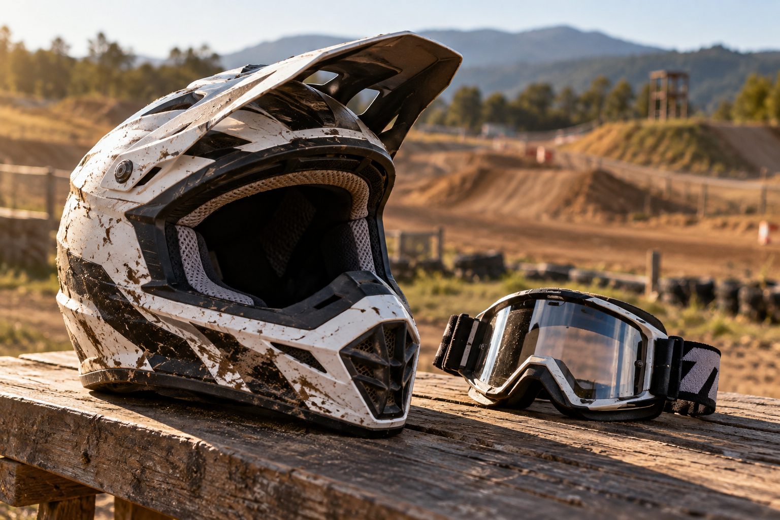 Casco y gafas de motocross junto a un circuito Casco de motocross sin marca y gafas sobre un banco junto a un circuito de tierra