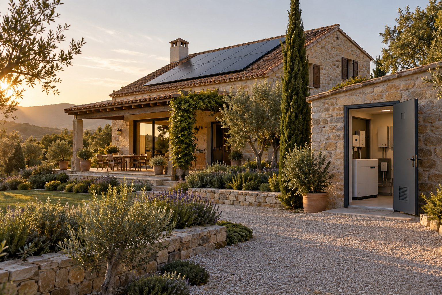 Casa de campo con paneles solares integrados en la cubierta bajo la luz de la tarde