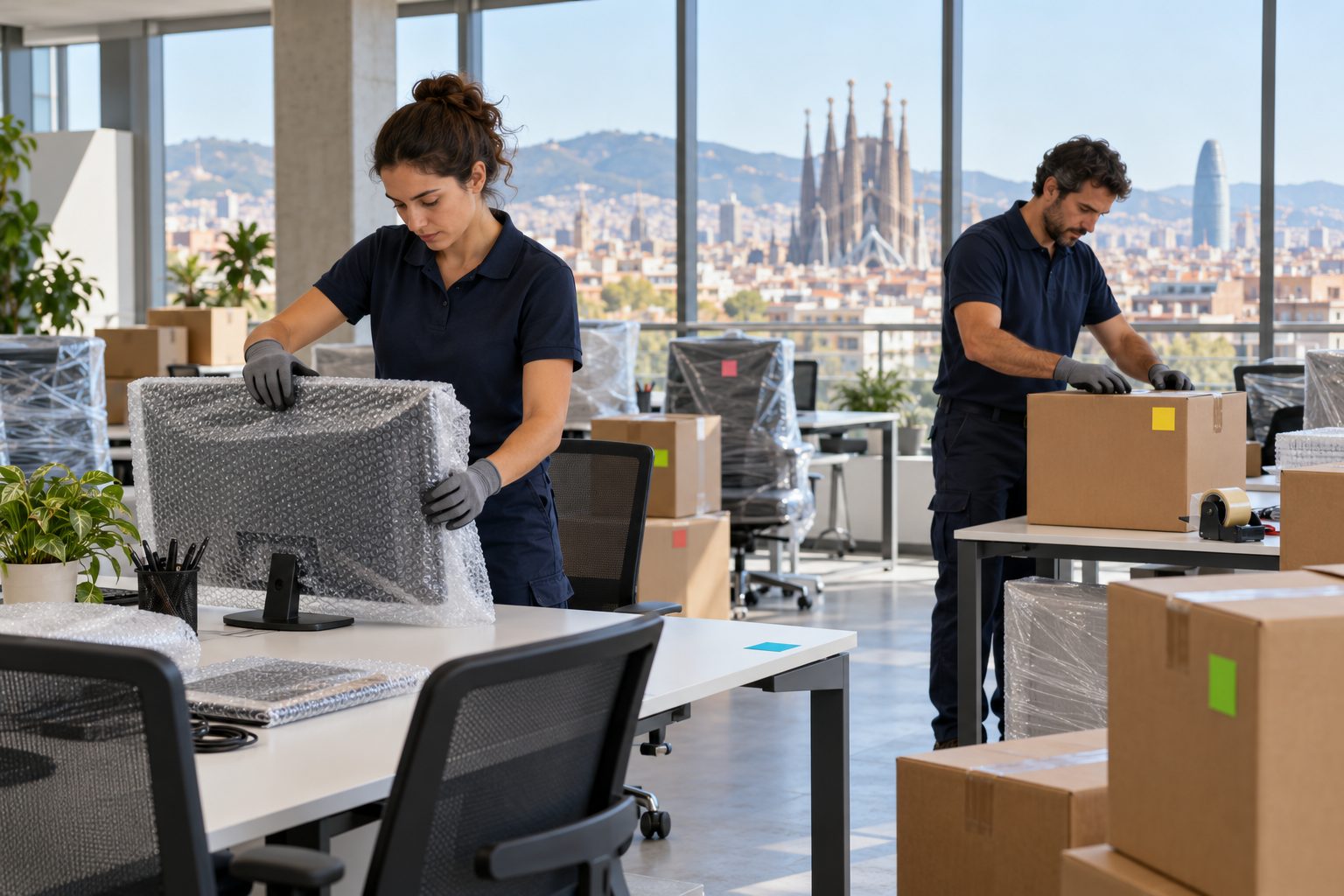 Dos profesionales preparan un monitor y una caja en una oficina, con mobiliario protegido al fondo.