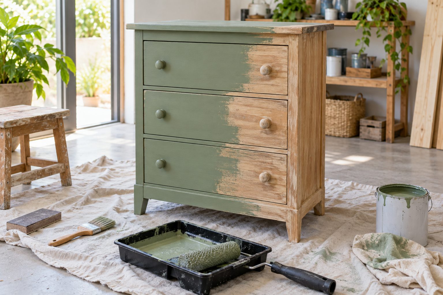 Pintura de una cómoda de madera Cómoda de madera parcialmente pintada en verde junto a brocha y bandeja