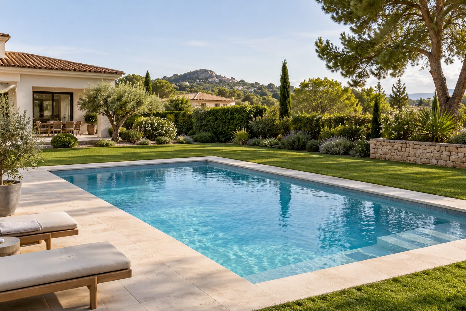 Piscina en el jardín de un chalet Piscina rectangular en el jardín de un chalet con terraza de piedra y césped