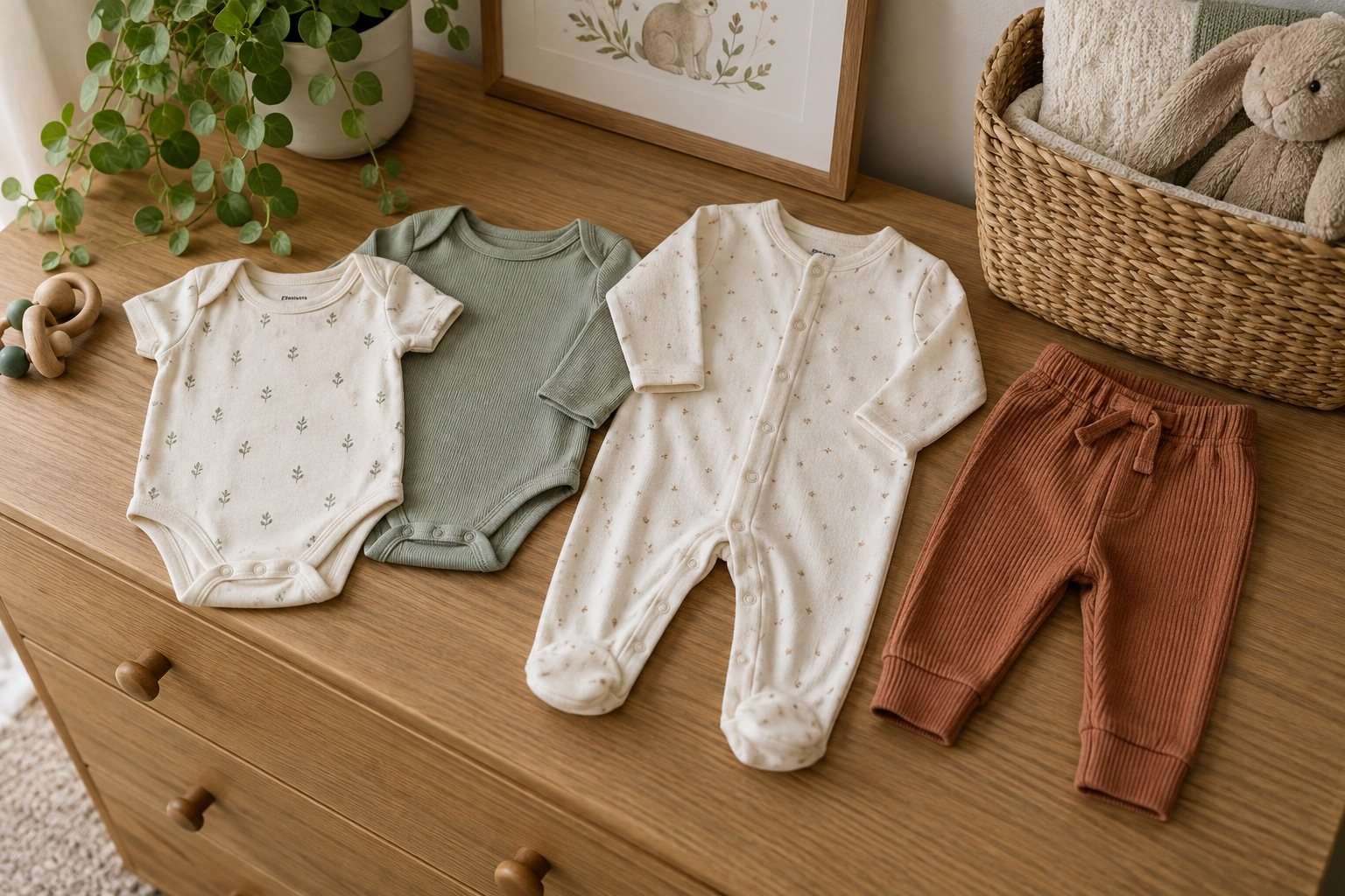 Ropa de bebé de 0 a 3 meses: cómo comparar tallas, cierres y prendas útiles — Imagen 1 Bodies, pijama y pantalón de bebé ordenados sobre una cómoda