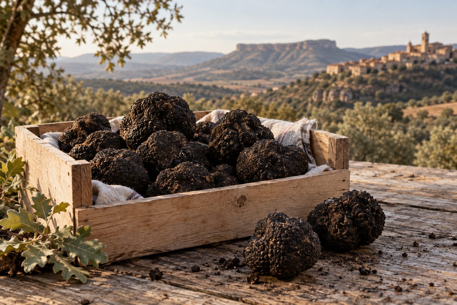 Trufas negras frescas en una caja con paisaje rural al fondo